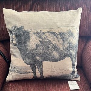 SARO 246.N18S Farmhouse Cow Print Down Filled Throw Pillow Natural NWT